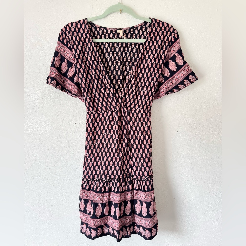 Anthropologie RAGA Faux Wrap Mini Dress Sz M Black Pink Mixed Print Ties Ruffle - Picture 3 of 14